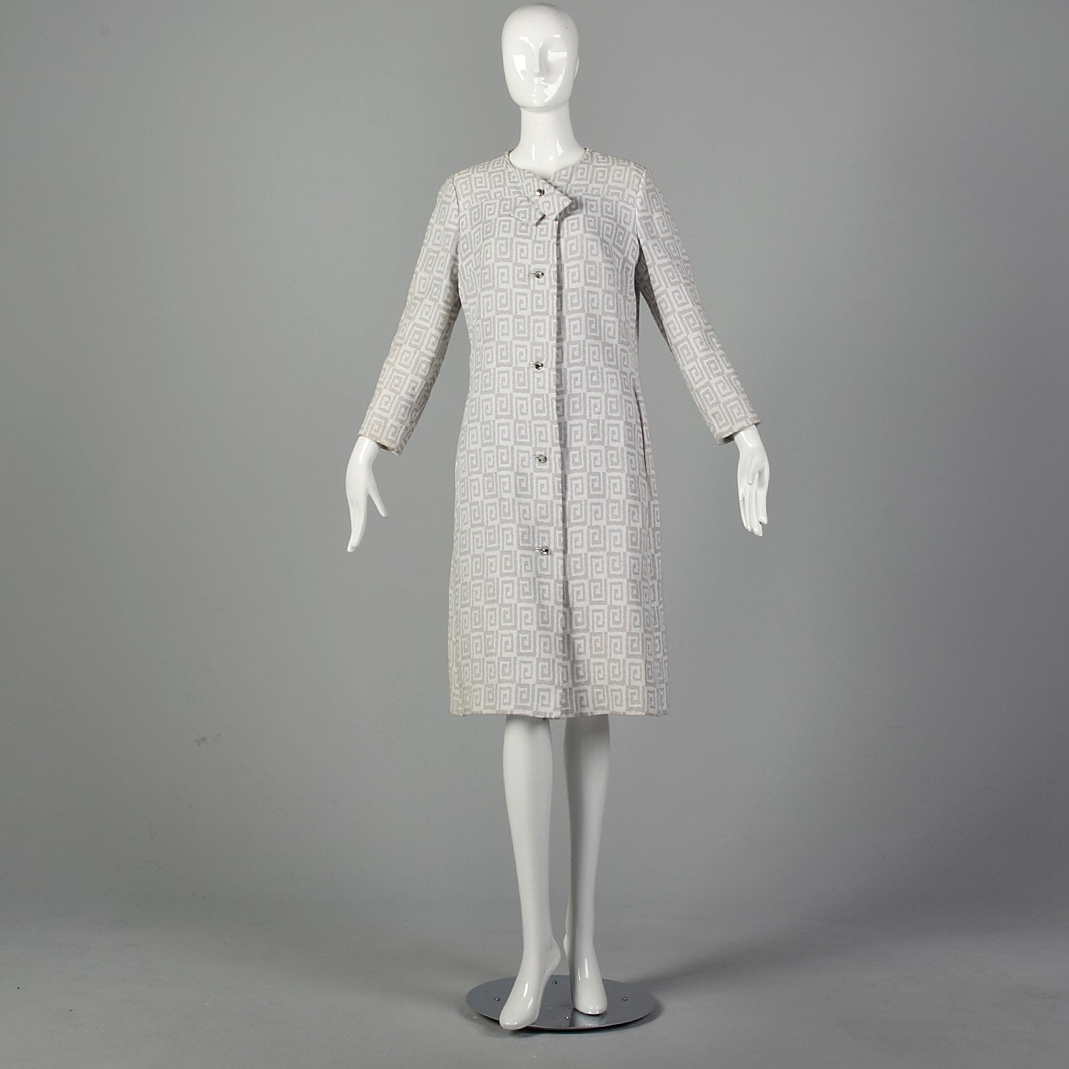 Medium 1960s Gray and White Greek Key Dress Coat