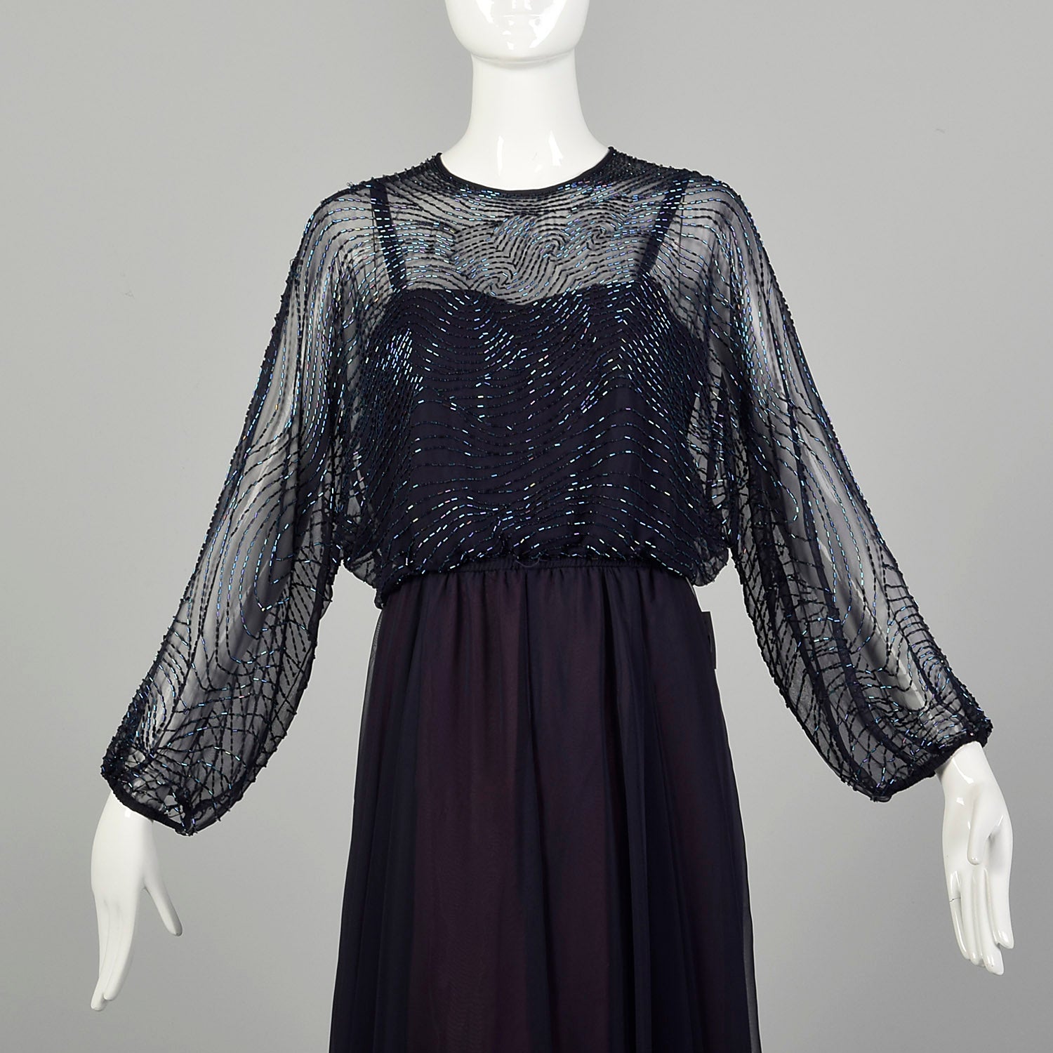 Small 1970s Jack Bryan Dress Blue Beaded Maxi Formal Disco Evening Gown