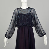 Small 1970s Jack Bryan Dress Blue Beaded Maxi Formal Disco Evening Gown