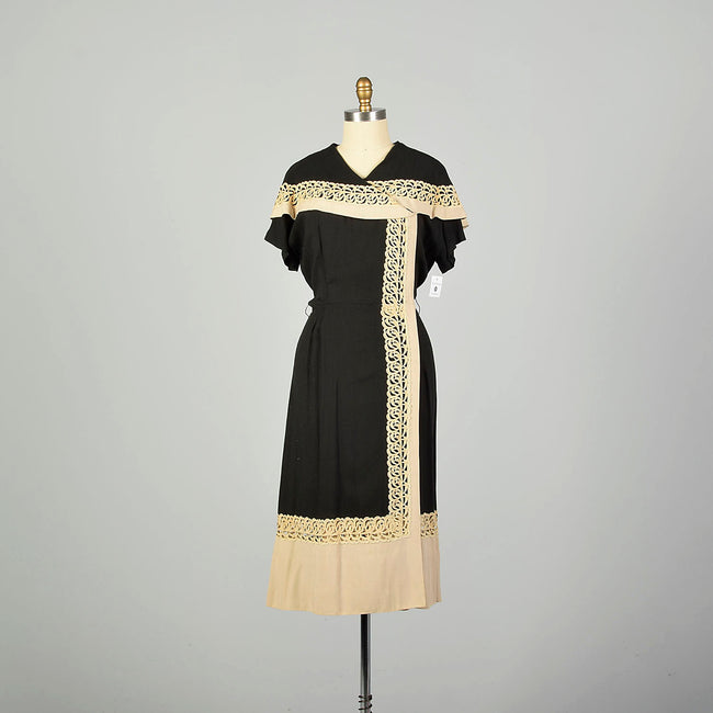 Large 1950s Wrap Dress Asymmetric Cape Collar Black Cream Applique