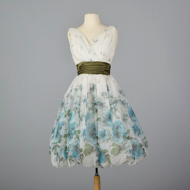 1950s Blue Floral Border Print Dress with Bubble Hem