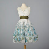 1950s Blue Floral Border Print Dress with Bubble Hem
