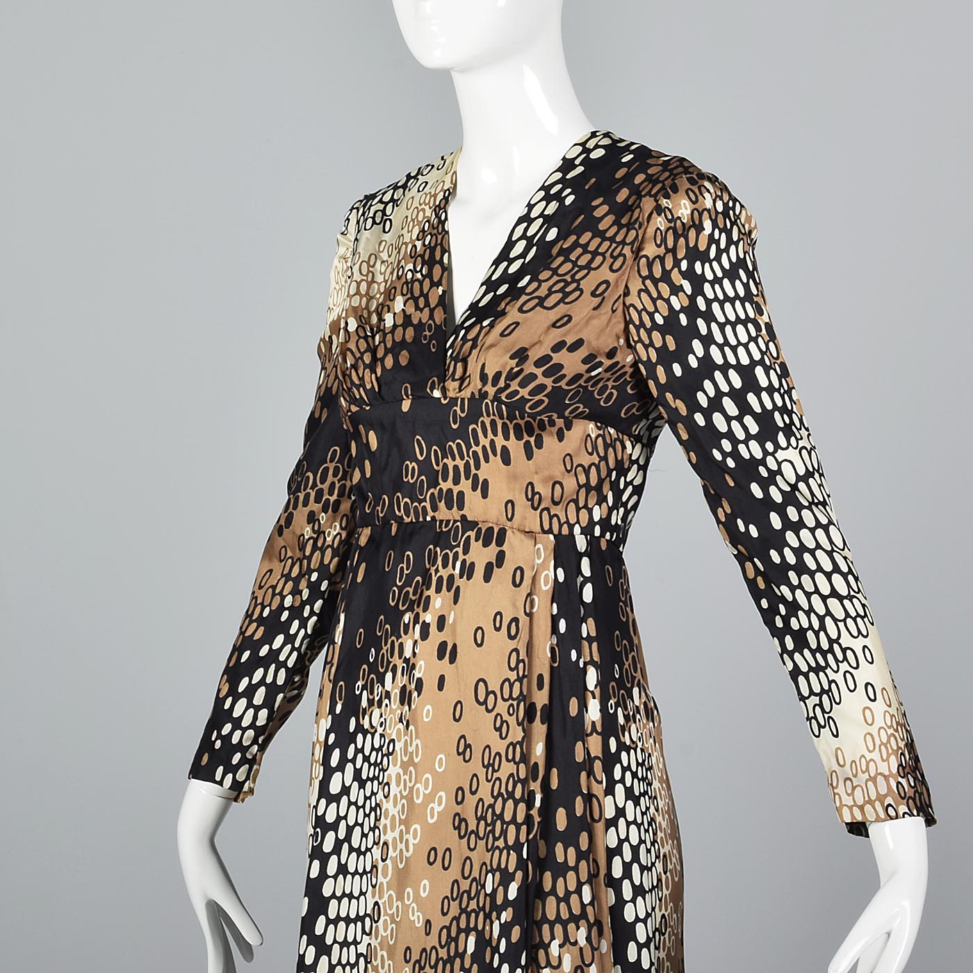 1960s Silk Dress with White, Tan, and Black Op Art Print