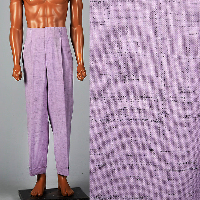 1950s Mens Hollywood Waist Pants Lavender Rayon with Gray Flecks