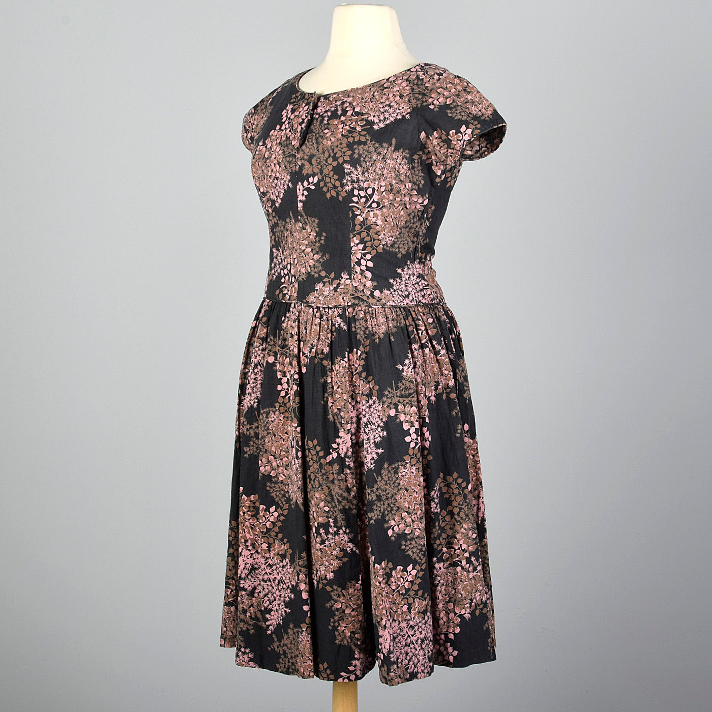 1950s Black and Pink Floral Dress with Drop Waist