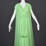 1960s Claire Sandra Lucie Ann Beverly Hills Green Chiffon Nightgown & Peignoir Set with Pom Poms