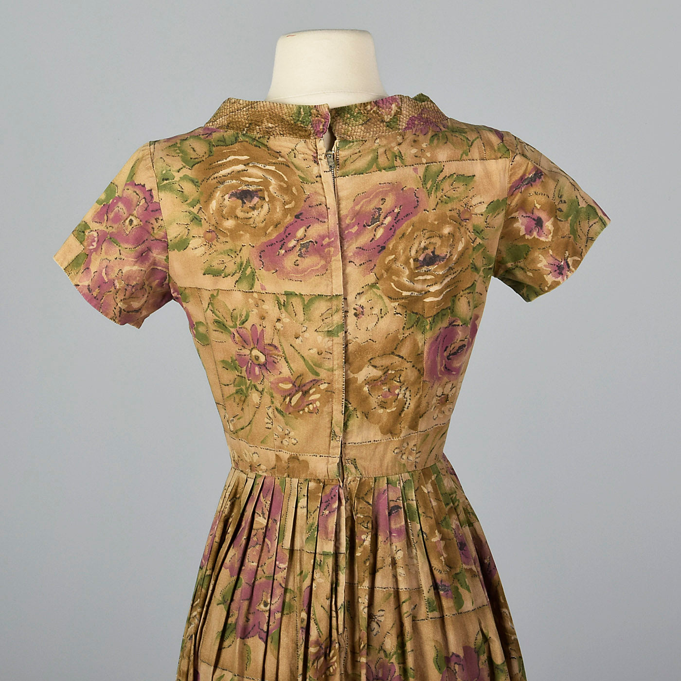 1950s Brown Floral Cotton Day Dress