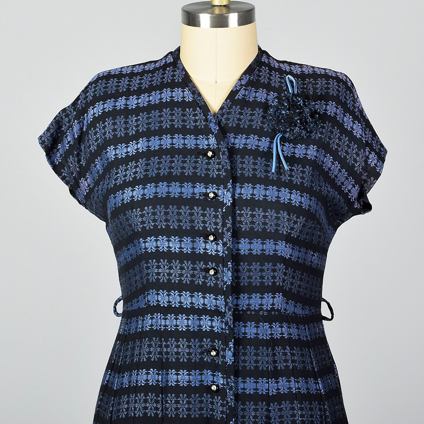 1950s Blue Stripe Dress with Floral Corsage