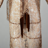 1930s XS Brown Lace Long Sleeve Drop Waist Velvet Trim Dress