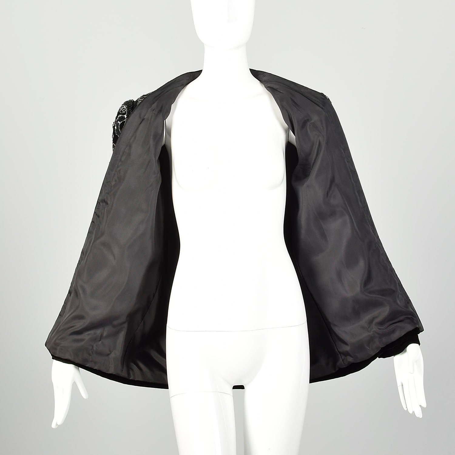 Medium 1980s Black Velvet Jacket Silver Sequin Evening Coat