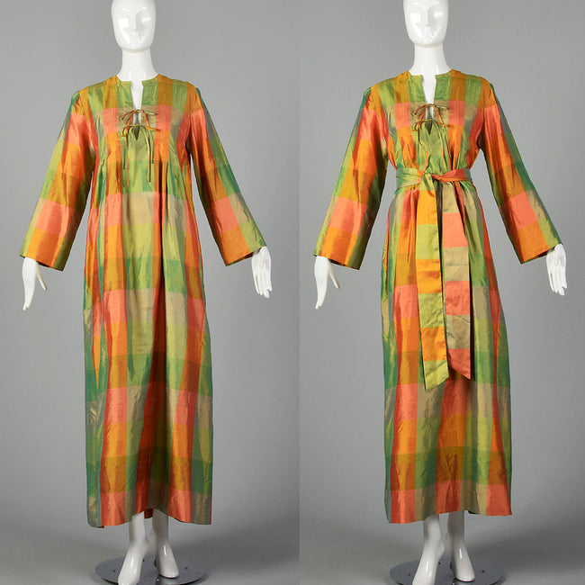 Medium Treacy Lowe 1970s Green and Orange Plaid Silk Maxi Dress