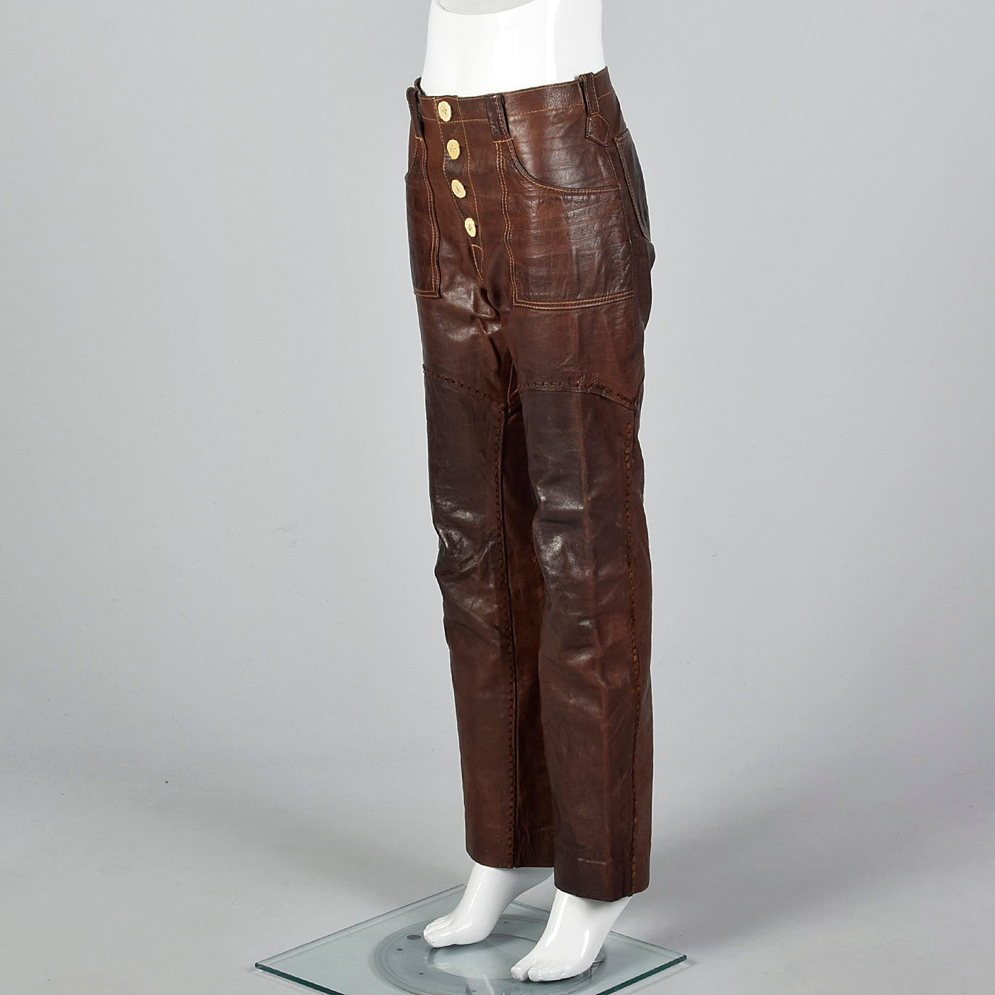 1970s Brown Leather Pants with Antler Buttons