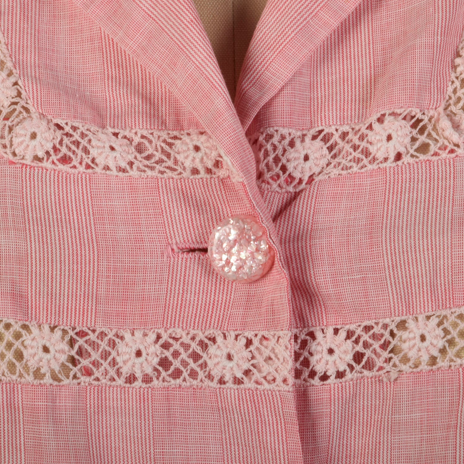 XXL 1950s Day Dress Pink Striped Lightweight Embroidered Belted Summer Short Sleeve