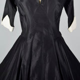 1950s Black Taffeta Party Dress with White Cuffs