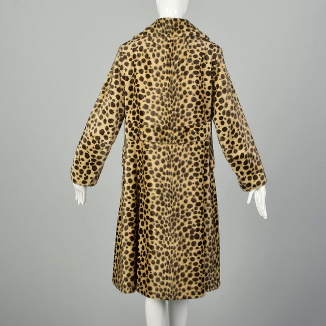 Medium 1960s Vegan Leopard Fur Winter Coat Mod Double Breasted Faux Fur
