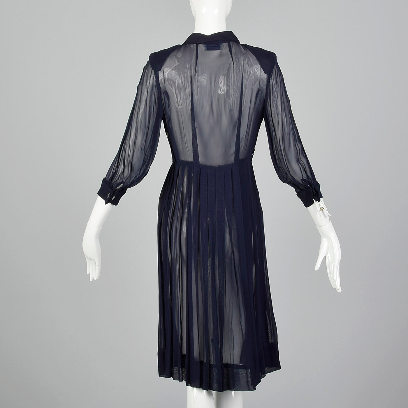 1940s Sheer Navy Blue Dress with Pleated Front