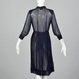 1940s Sheer Navy Blue Dress with Pleated Front
