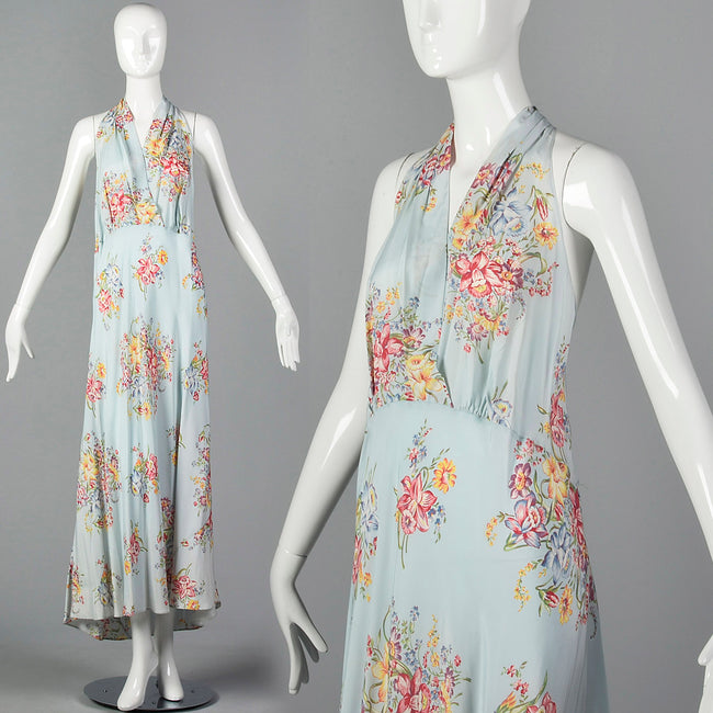 1940s Blue Daffodil Print Nightgown