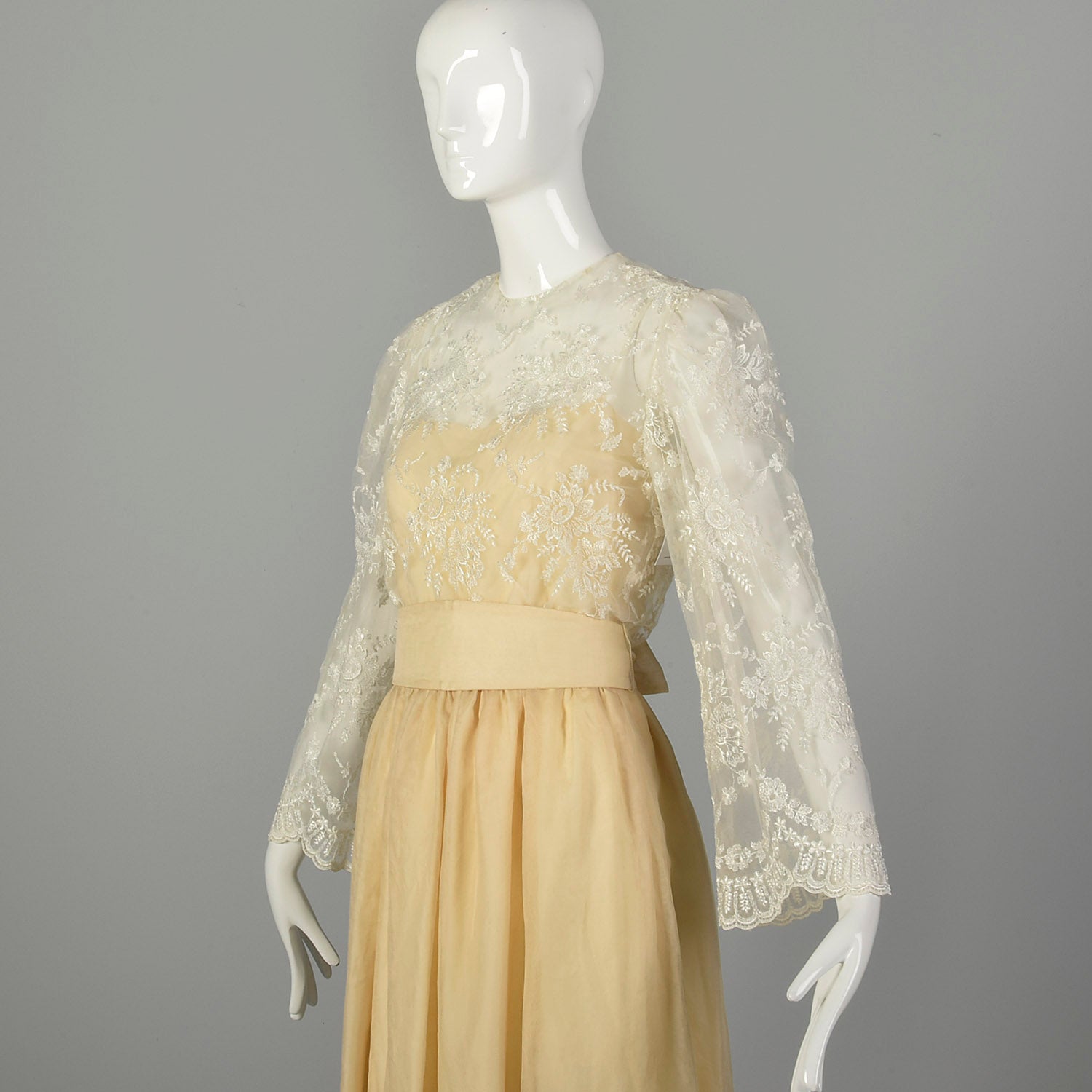 Small 1970s William Pearson Dress Cream Lace Bell Sleeve Bohemian Bridal Wedding