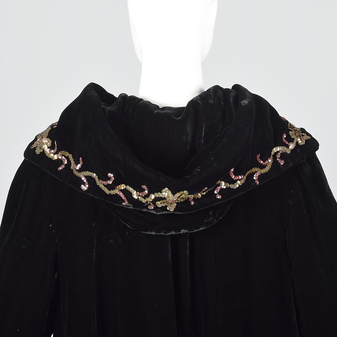 1940s Black Velvet Coat with Sequin Hood