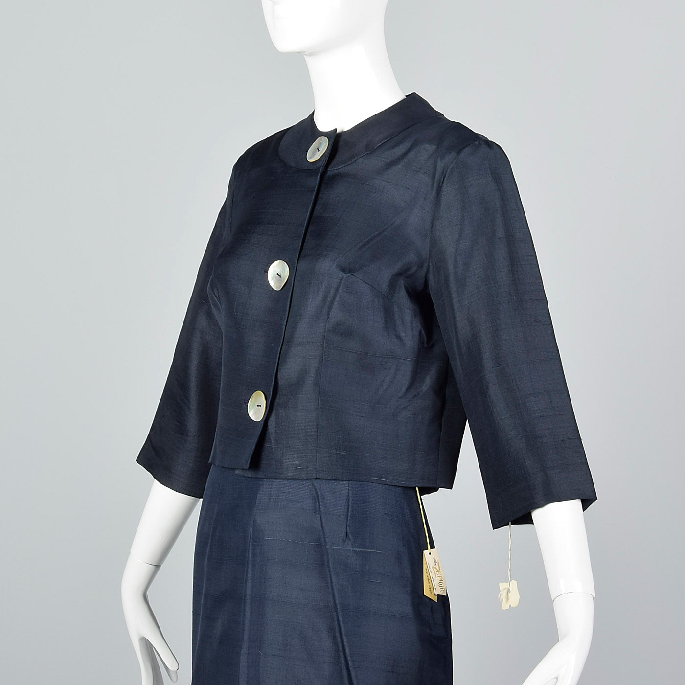 1960s Navy Blue Silk Skirt Suit with Mother of Pearl Buttons
