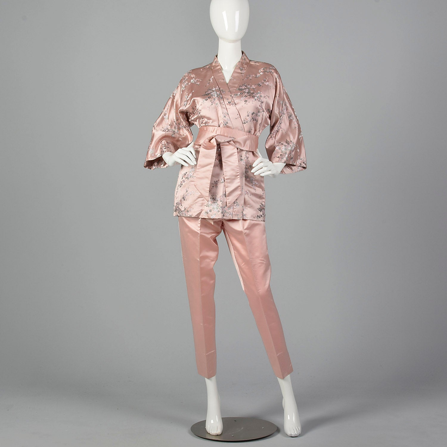 Dynasty 1960s Pink Silk Wrap Jacket and Cigarette Pant Set