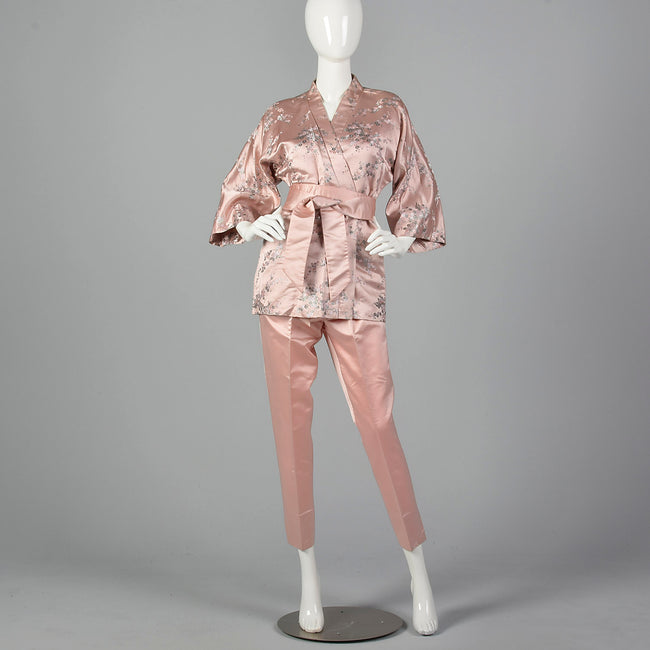 Dynasty 1960s Pink Silk Wrap Jacket and Cigarette Pant Set