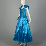 1980s Electric Blue Lame Prom Dress Full Length Formal Evening Gown Sequin Bodice