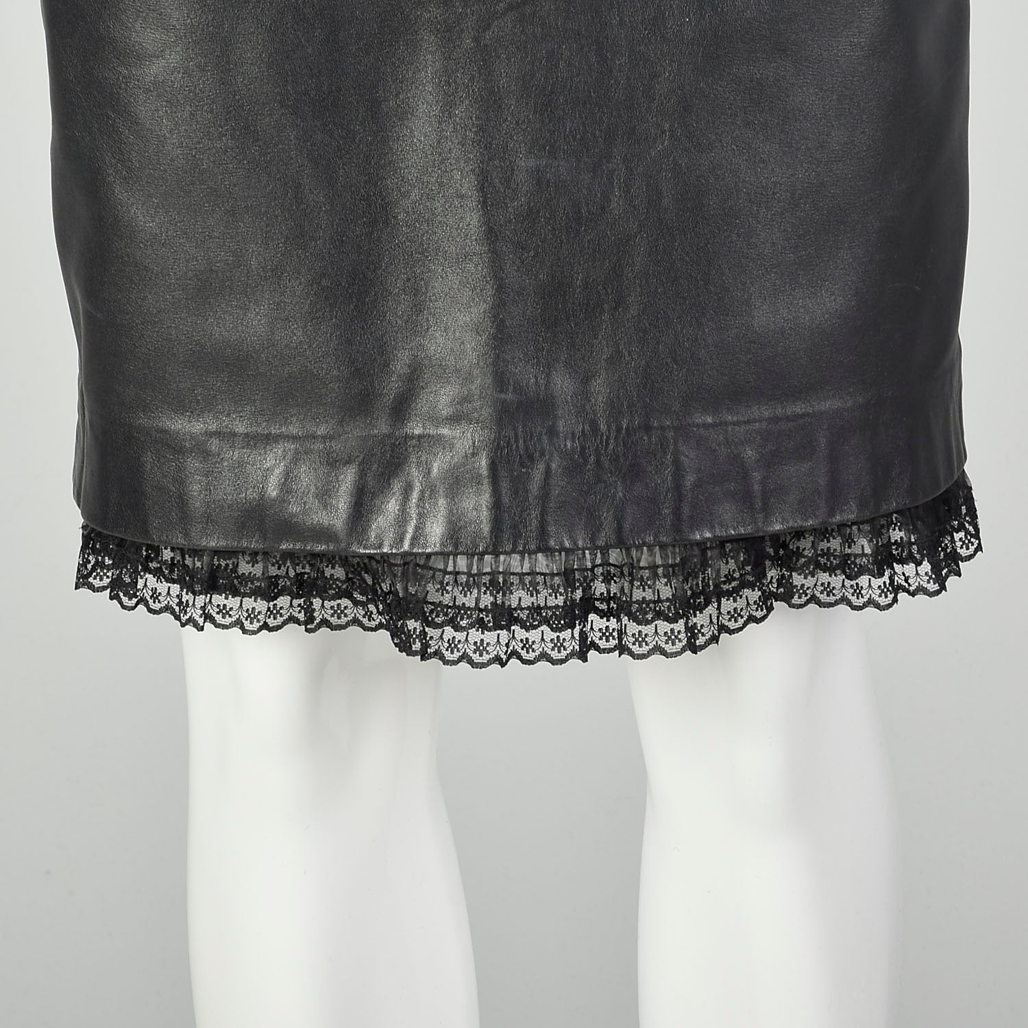 XS 1990s Leather Skirt Black Sexy Peekaboo Lace Trim