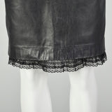 XS 1990s Leather Skirt Black Sexy Peekaboo Lace Trim