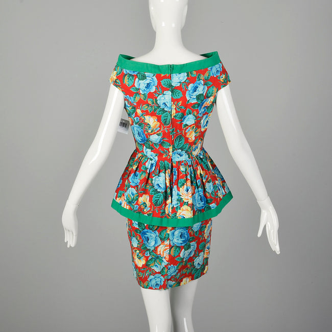 Small 1980s Off Shoulder Floral Peplum Dress Green Trim