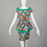 Small 1980s Off Shoulder Floral Peplum Dress Green Trim