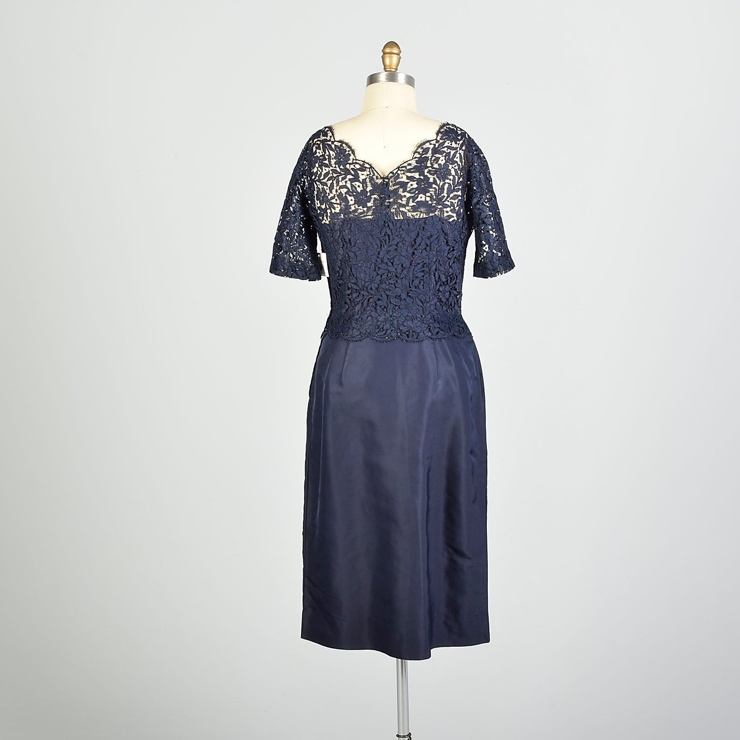 Large 1950s Navy Blue Cocktail Dress Illusion Neckline Lace Taffeta Evening Dress