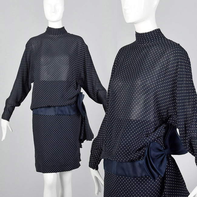 1980s Valentino Night Navy Silk Dress with Swiss Dot Print