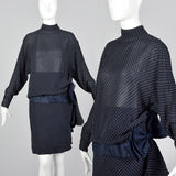 1980s Valentino Night Navy Silk Dress with Swiss Dot Print