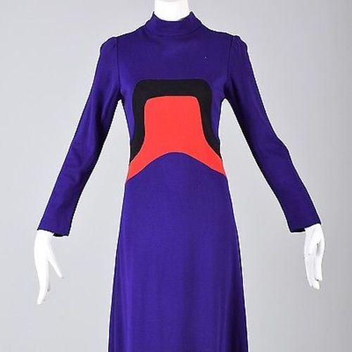 1960s Iconic Space Age Mod Long Sleeve Maxi Dress in Bright Purple Knit