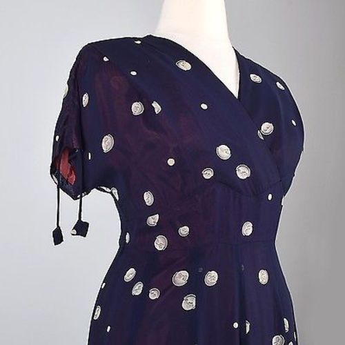 1950s Novelty Print Chiffon Dress Navy Blue with Globes
