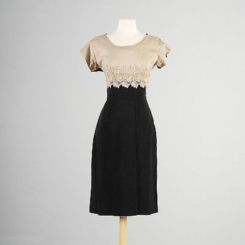 1950s Tan and Black Wiggle Dress with Rhinestone Applique