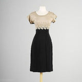 1950s Tan and Black Wiggle Dress with Rhinestone Applique