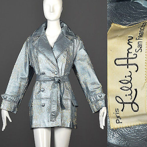 1960s Lilli Ann Metallic Blue Belted Trench Coat
