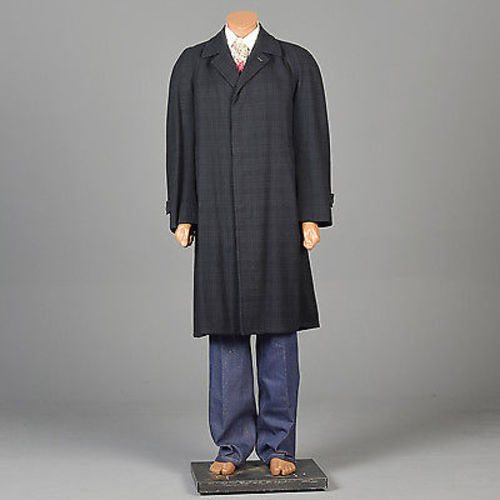 Mens 1950s Black Navy Blue Tartan Coat Overcoat Medium Weight Wool Plaid