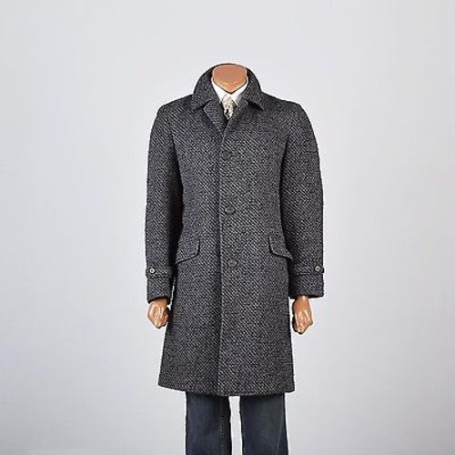 1960s Men's Mod Gray & Black Nubby Tweed Overcoat with Plaid Lining