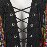 1960s Sheer Mesh Mini Dress With Tapestry Panels and Low Cut Lace Up Bodice