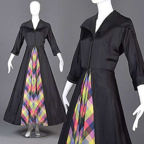 1940s Glamorous Black Silk Dressing with Rainbow Plaid Panel