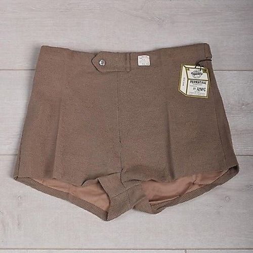 Size 36 Mens NOS VTG 60s Mod Tan Khaki Cotton Knit Mini Short Shorts High Rise