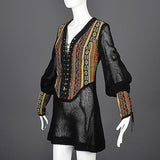 1960s Sheer Mesh Mini Dress With Tapestry Panels and Low Cut Lace Up Bodice