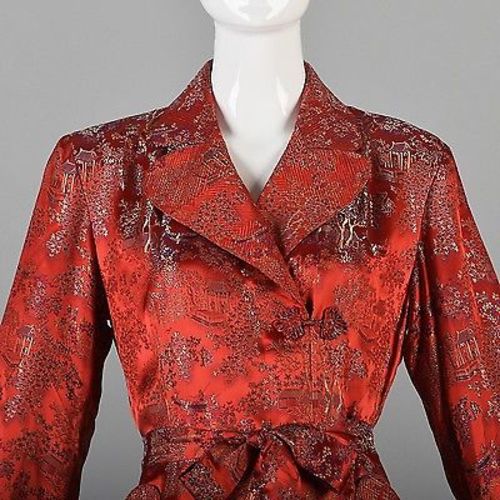 1940s Glamorous Red Brocade Dressing Gown