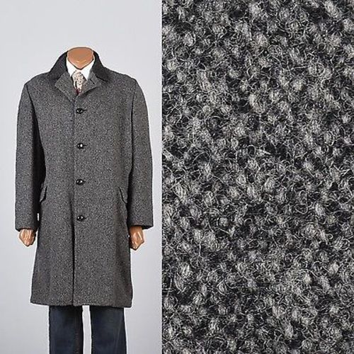 1960s Men's Charcoal Gray Tweed Overcoat Lined in Red Plaid