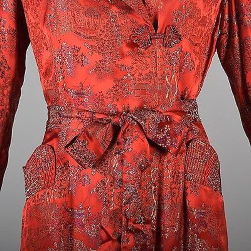 1940s Glamorous Red Brocade Dressing Gown