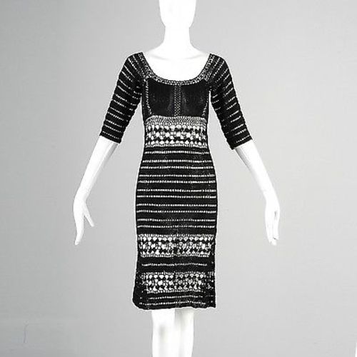 1970s Sheer Black Crochet Midi Dress